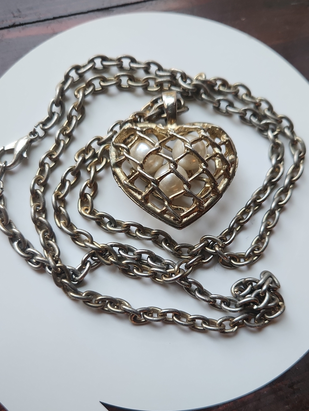 Gold Heart Lattice Pendant Necklace with Pearl Accents
